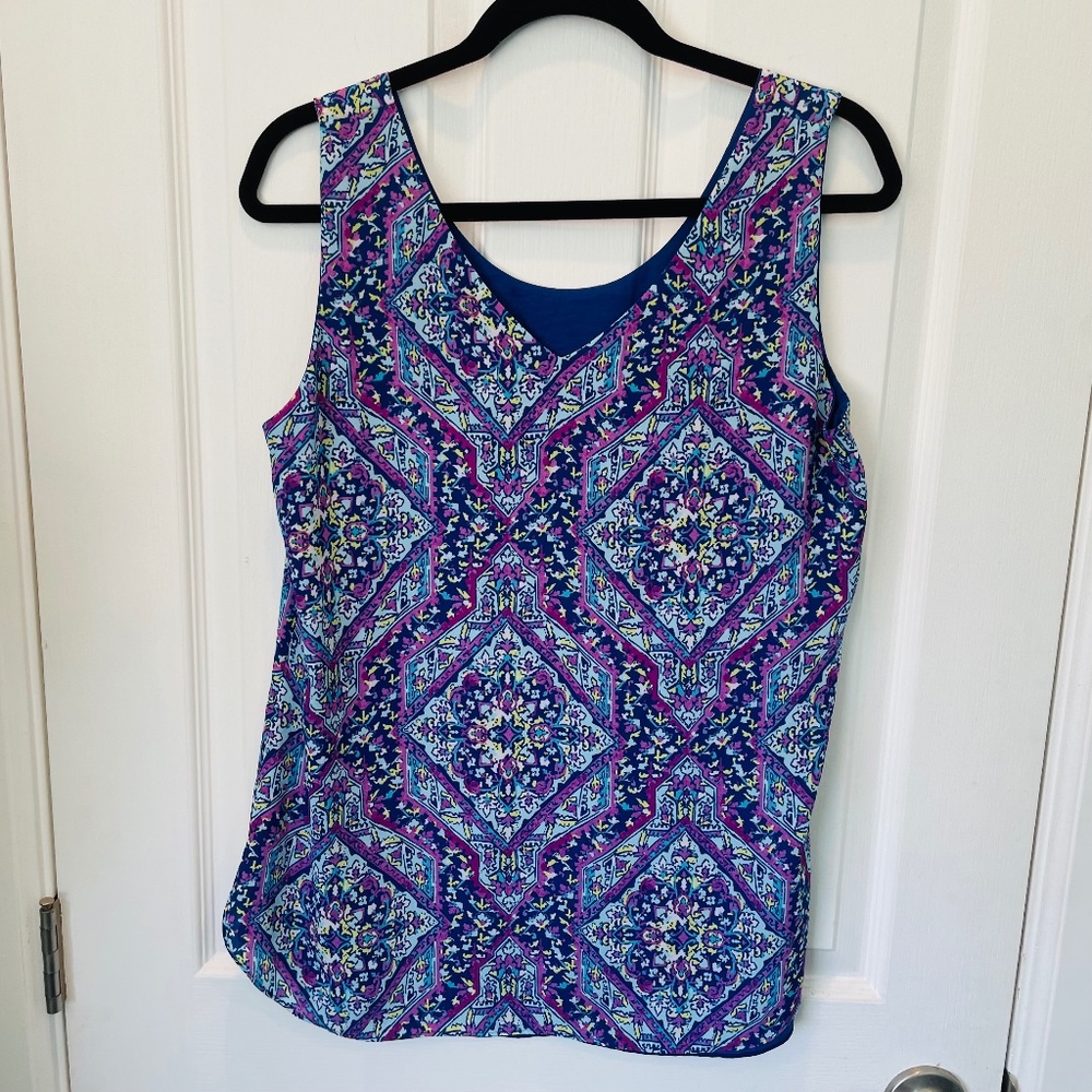 EUC Chico's 1 Reversible Blue Purple Mosaic Print Tank Top